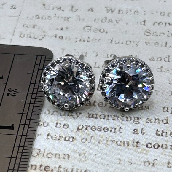 14K White Gold Plated CZ Halo Large Elegant Stud Earrings - Picture 2 of 7